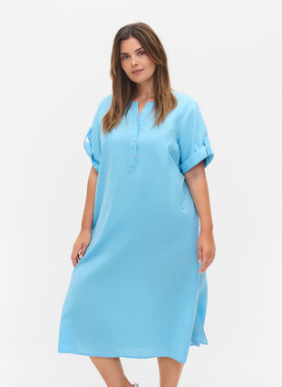 Lång skjortklänning med korta ärmar, Alaskan Blue, Model image number 0