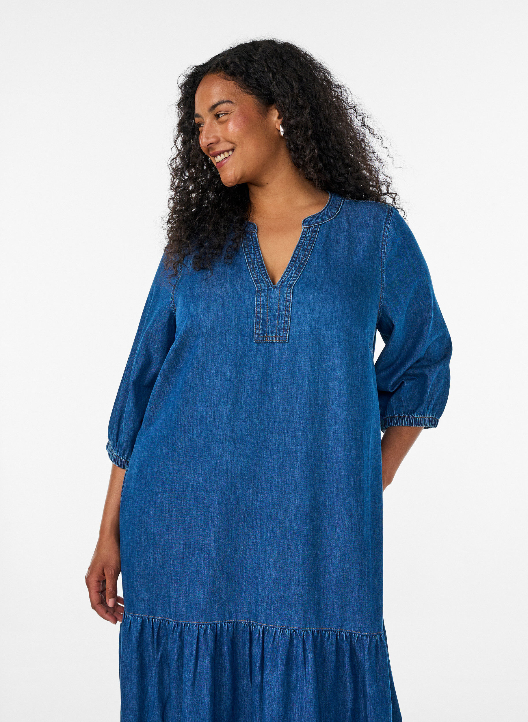 ZizziMaxikl&auml;nning i denim med volangv&aring;der, Bl&aring;, Model image number 2