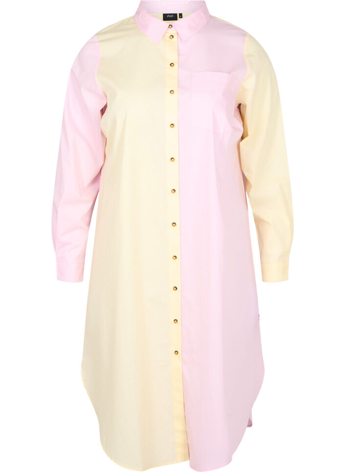 Lång bomullsskjorta med colour-block, Popcorn/Pink, Packshot image number 0