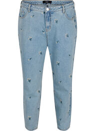 Mille mom fit jeans med broderade blommor, Blue w. Small Flower