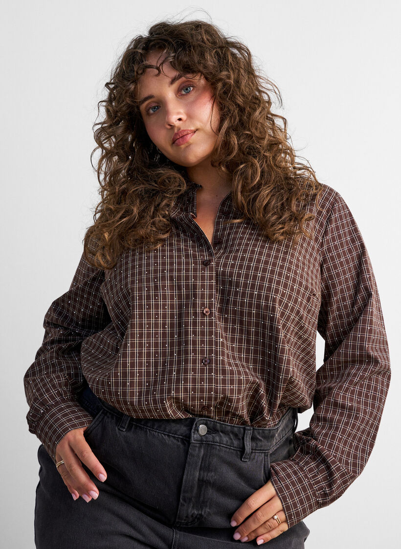 Rutig skjorta med strass, Brun, Model image number 0