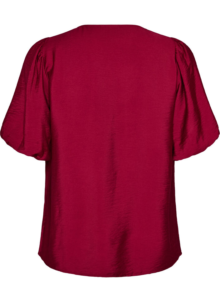Blus med ballong&auml;rmar och v-ringning, R&ouml;d, Packshot image number 1