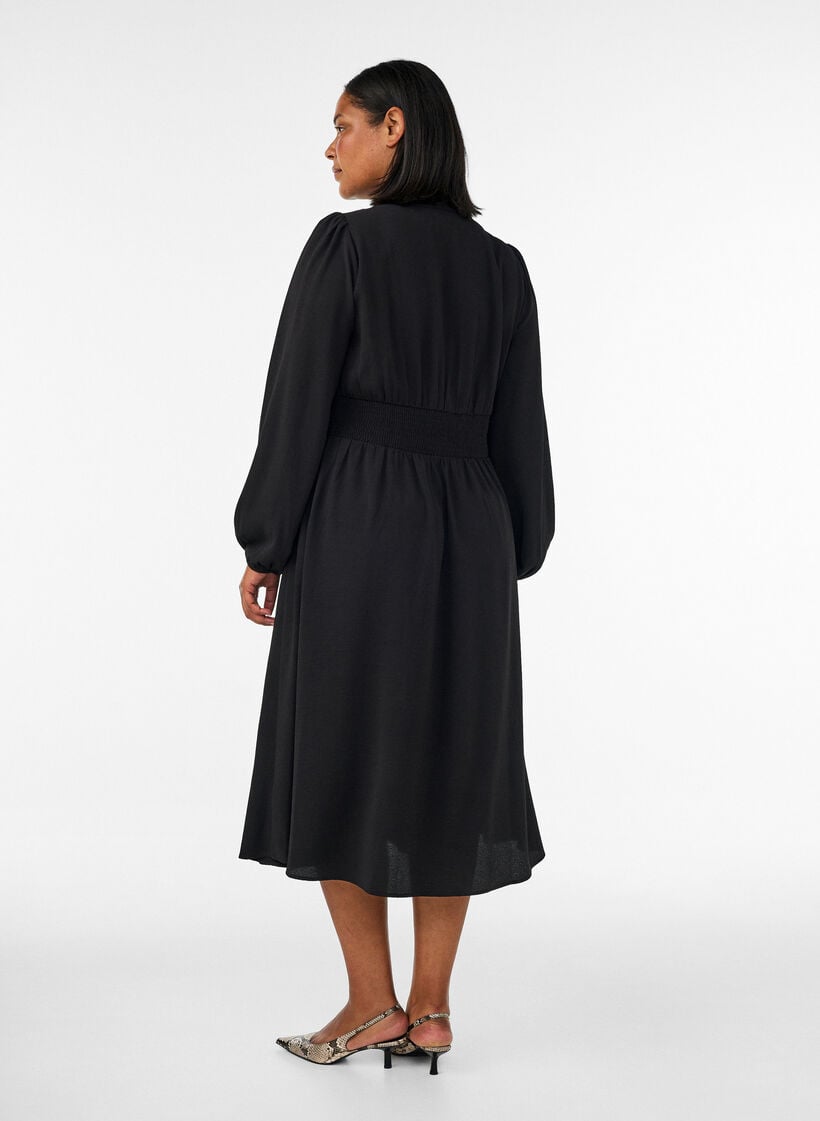 Midikl&auml;nning med smock och dekorativa knappar, Svart, Model image number 1
