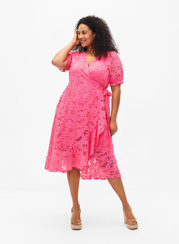 Omlottklänning med spets och korta ärmar, Pink Carnation, Model image number 0