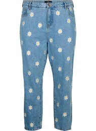 Croppade Mille jeans med broderade blommor, Light Blue Flower