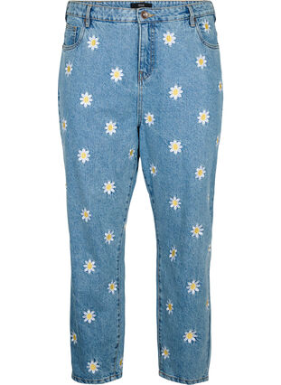 Croppade Mille jeans med broderade blommor, Light Blue Flower, Packshot image number 0