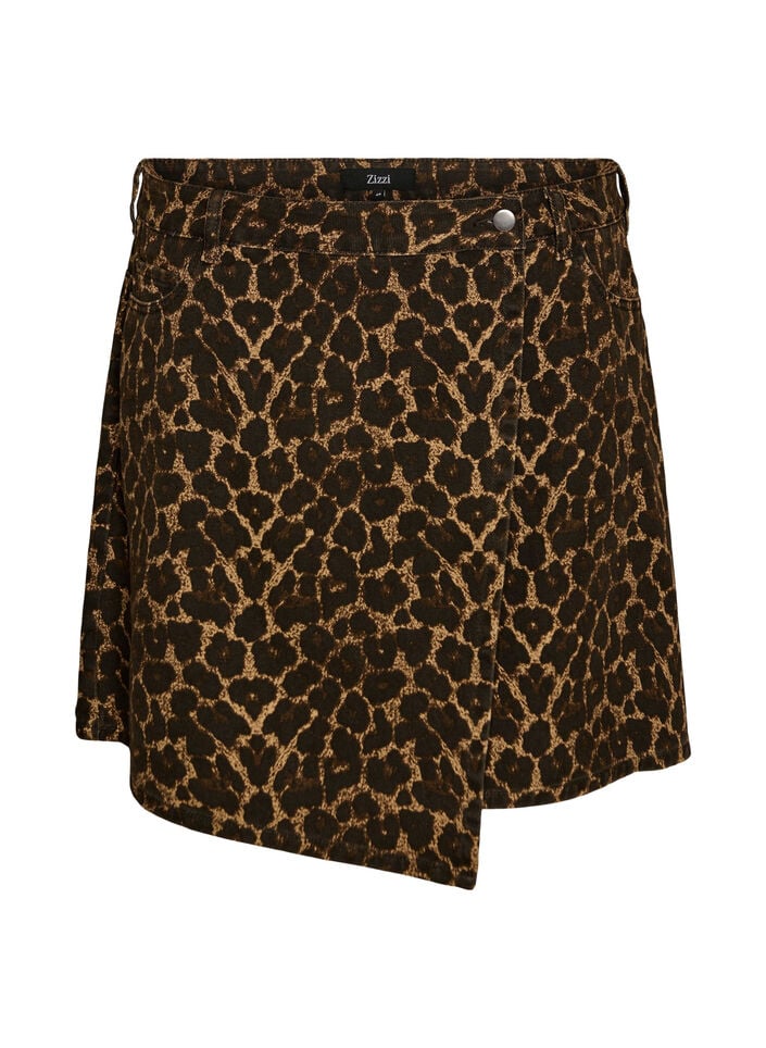 A-linjeformad jeanskjol med leopardm&ouml;nster, Brun, Packshot image number 0