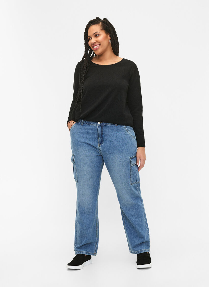 Långärmad blus med struktur, Svart, Model image number 1