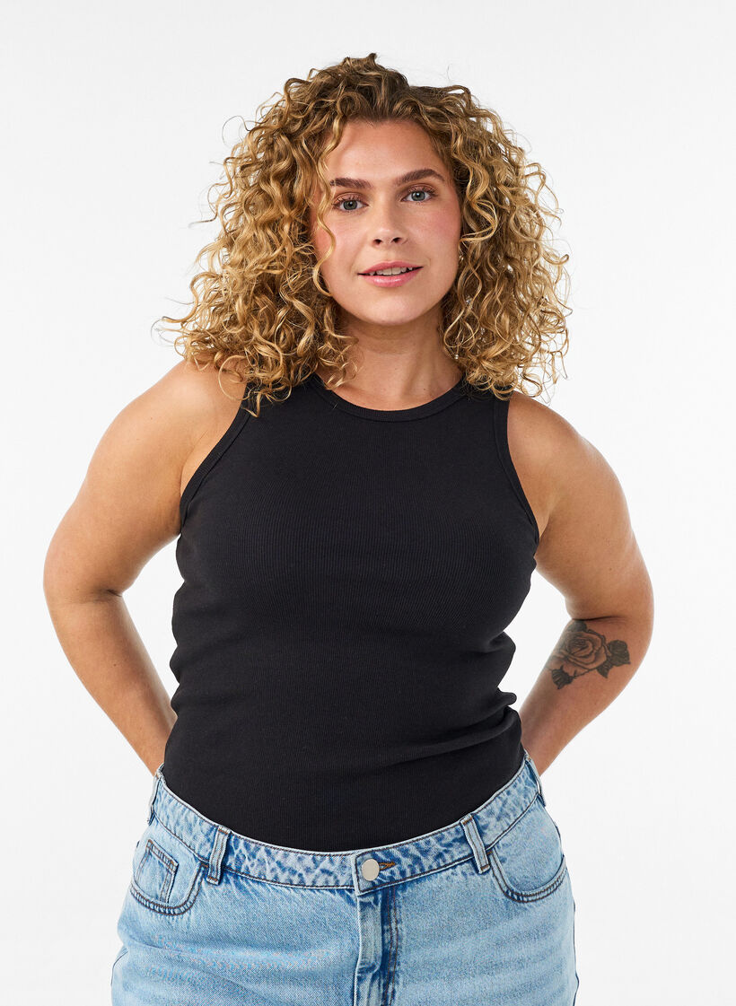 Ribbad topp i bomull med h&ouml;g hals, Svart, Model image number 0