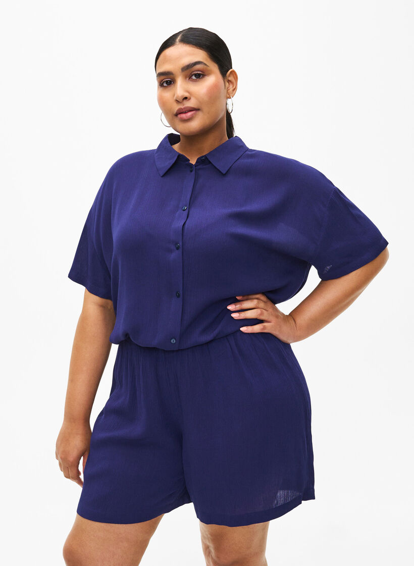 Shorts i viskos med hög midja, Medieval Blue, Model image number 0