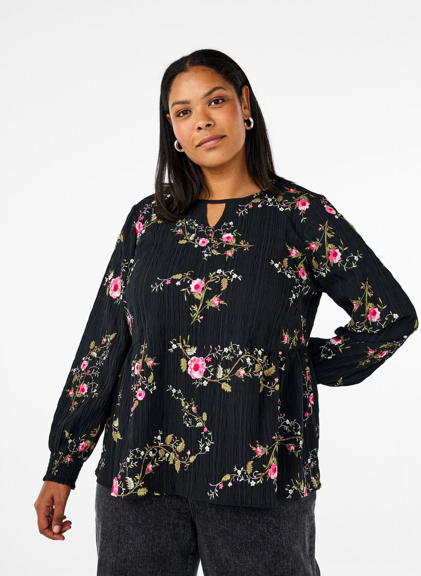 Långärmad blus med blommönster, Svart, Model image number 0