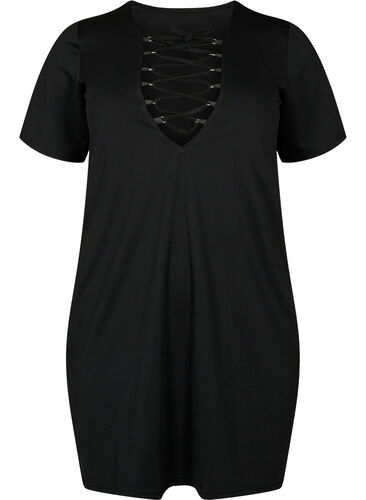 V-ringad klänning med snörning, Black, Packshot image number 0