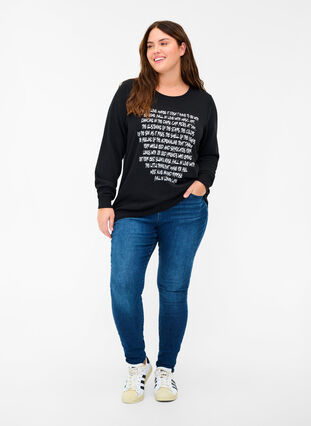 Sweatshirt med texttryck, Black w. White AOP, Model image number 2