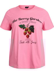 T-shirt i bomull med frukttryck och text, Rosa