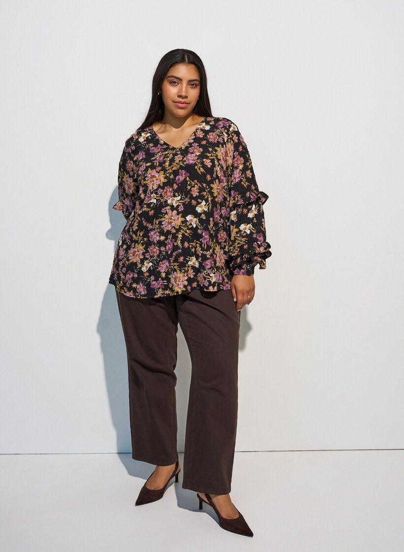 Blus med blomsterm&ouml;nster och volangdetaljer, Svart, Model image number 1