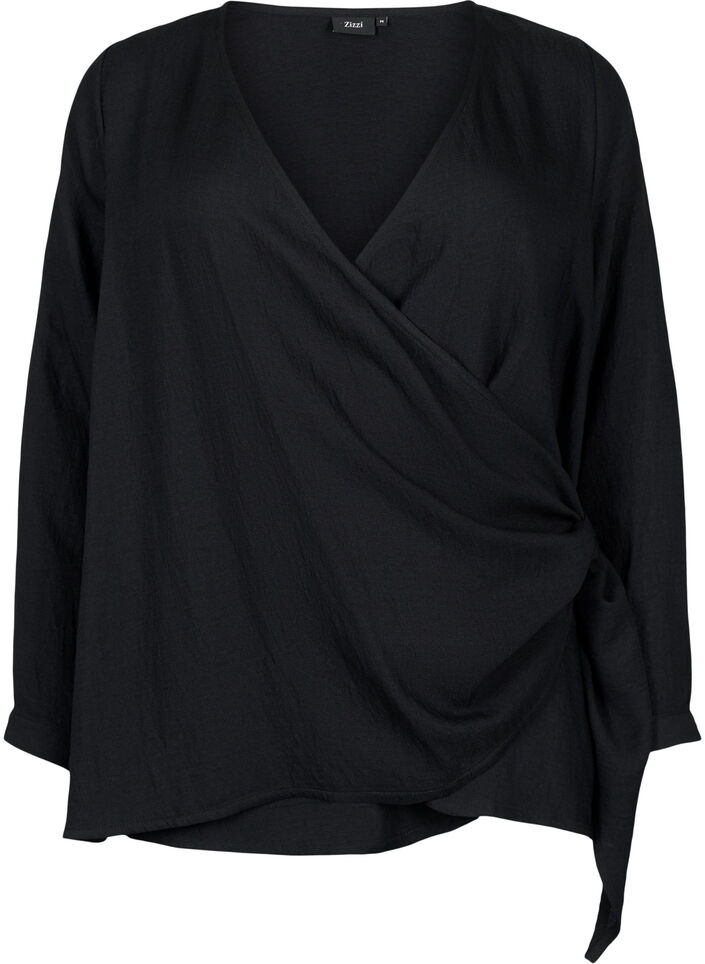 Långärmad blus i viskos med omlottlook, Black, Packshot image number 0