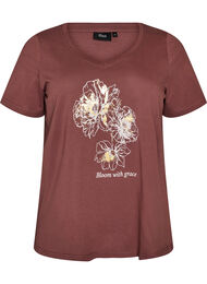 T-shirt i bomull med tryck framtill och v-ringning, Rosa