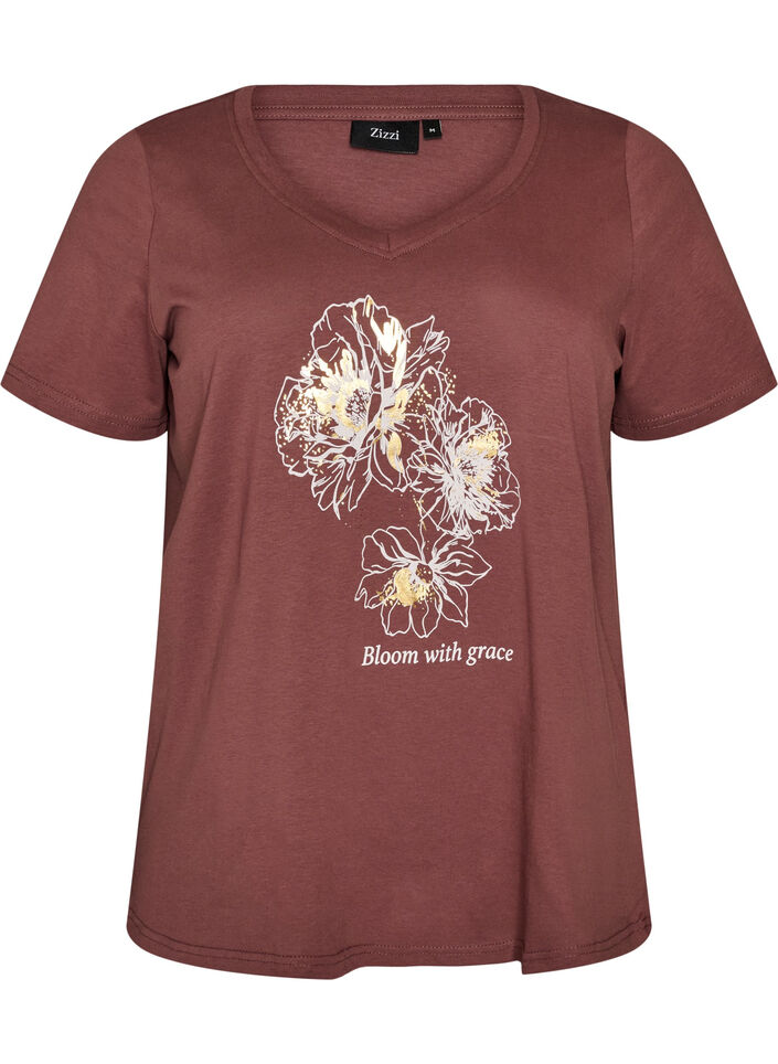 T-shirt i bomull med tryck framtill och v-ringning, Rosa, Packshot image number 0