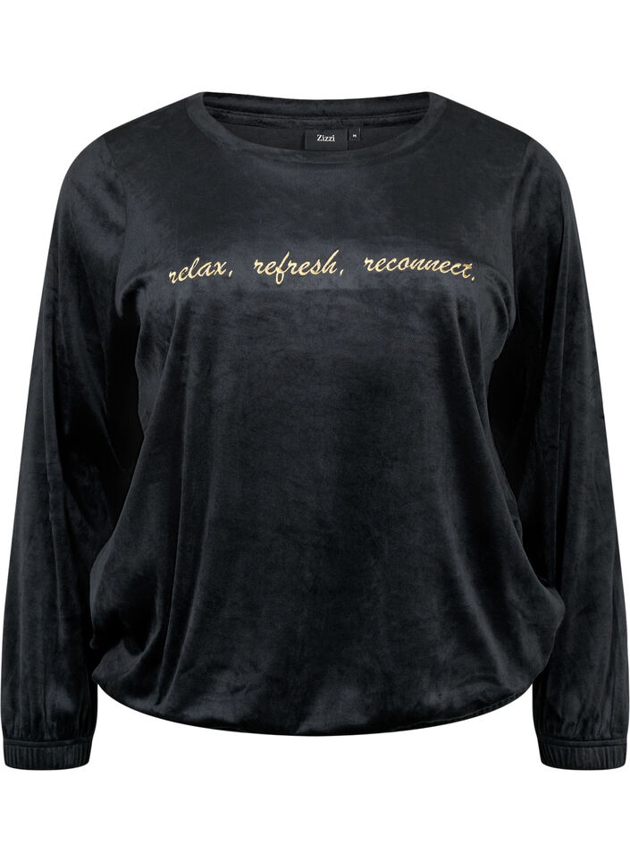 Blus i velour med broderad text, Black, Packshot image number 0
