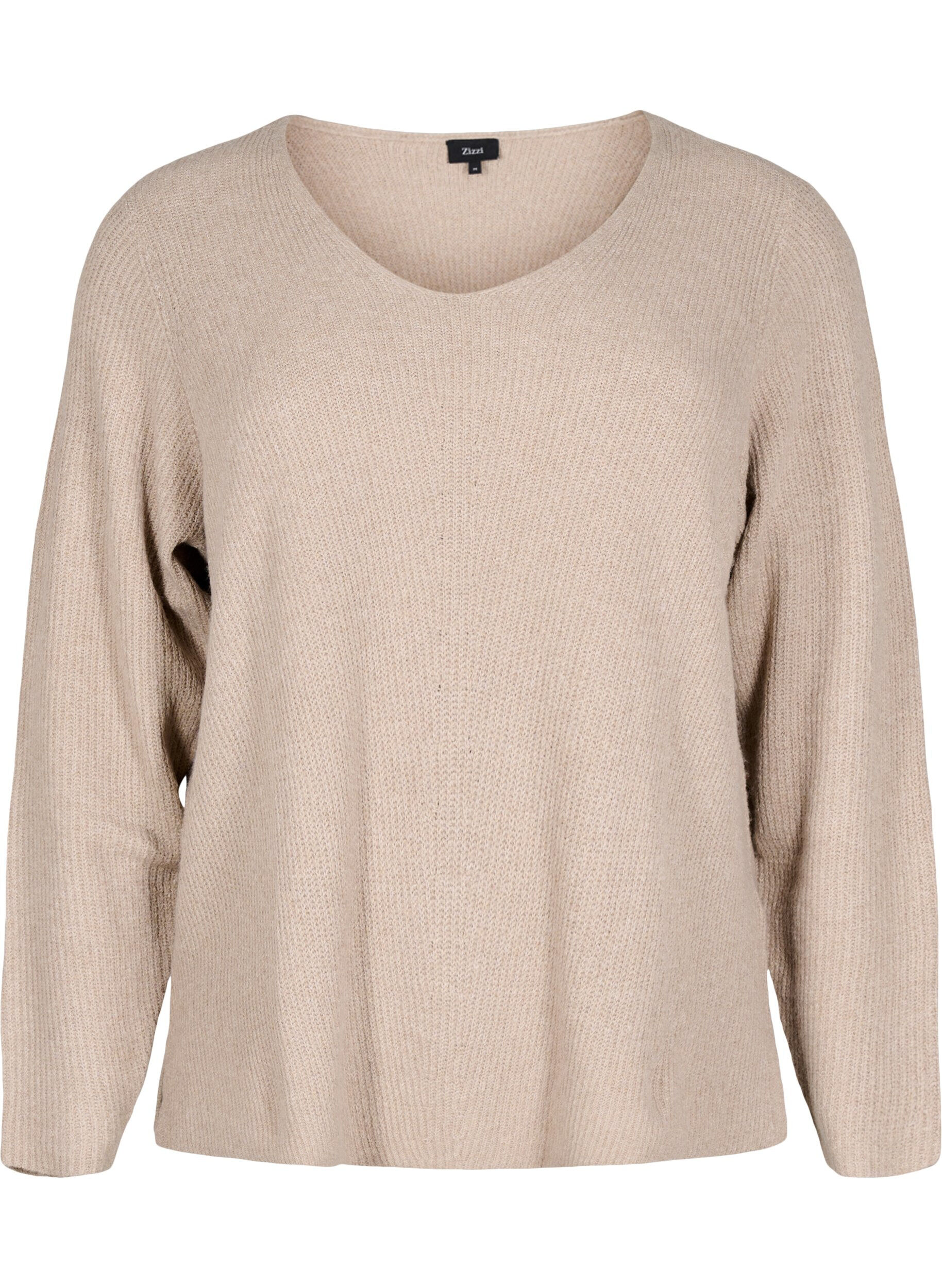 Zizzi Stickad blus med v-ringning och l&aring;nga &auml;rmar, Simply T. White Mel., Packshot image number 0