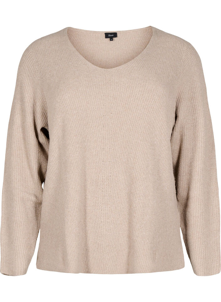 Stickad blus med v-ringning och långa ärmar, Simply T. White Mel., Packshot image number 0