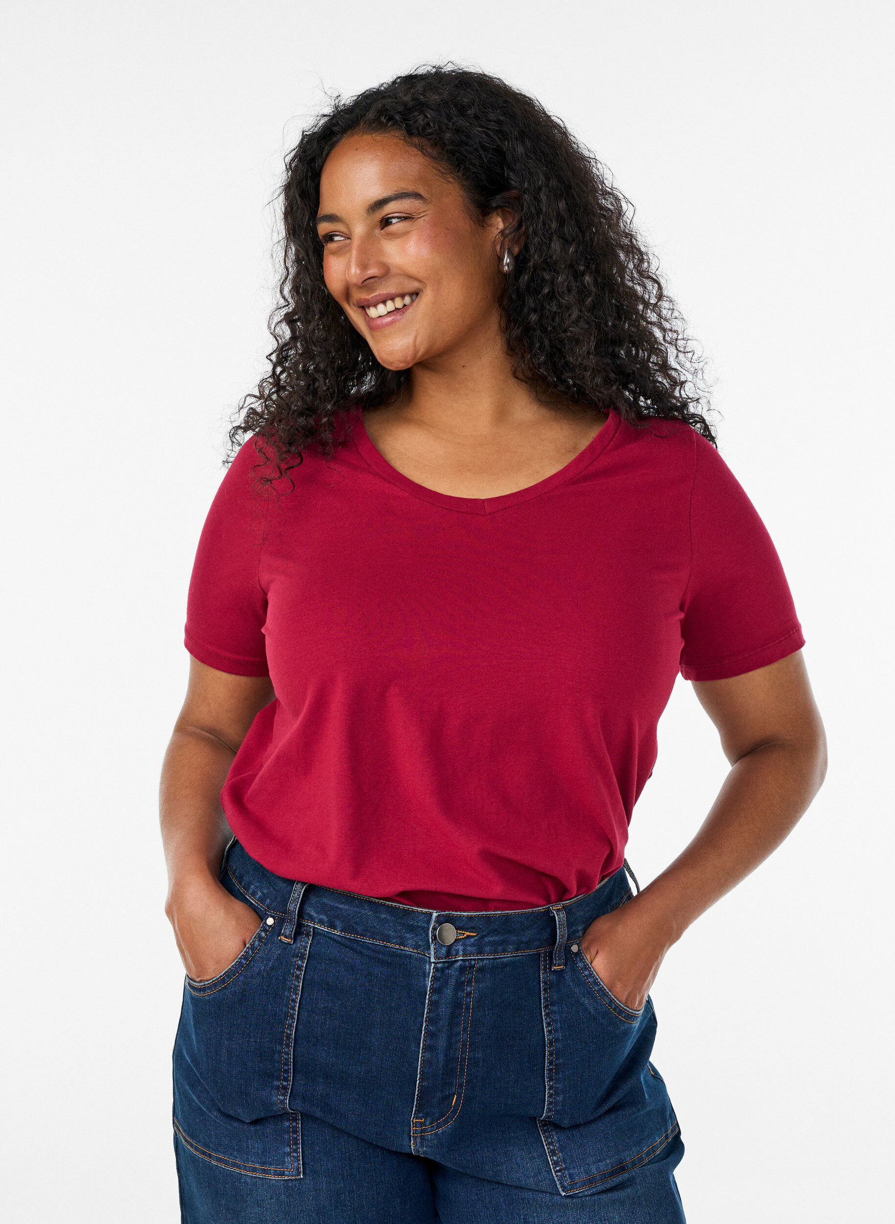 ZizziEnf&auml;rgad t-shirt i bomull, R&ouml;d, Model image number 0