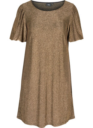 Glitterklänning med korta puffärmar, Gold, Packshot image number 0