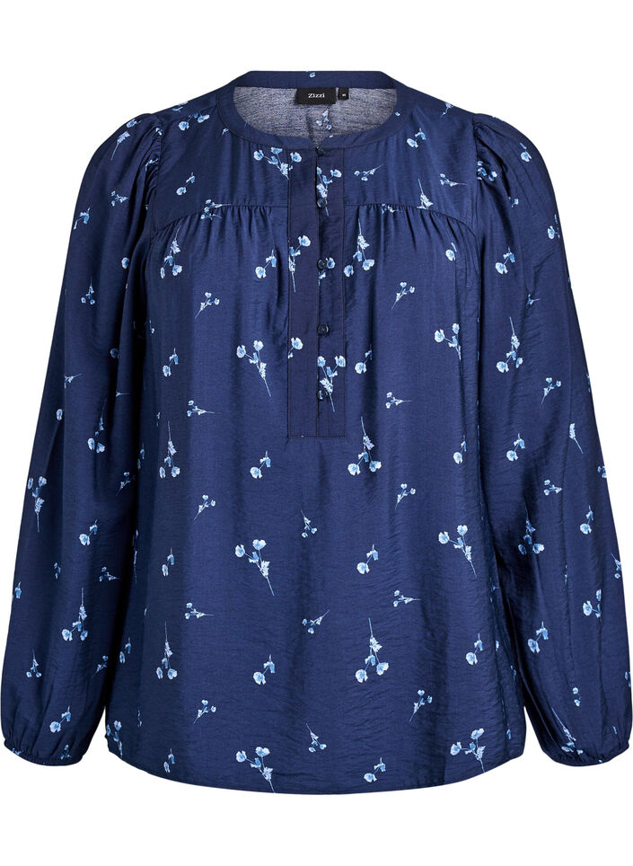 Blus med knäppning och små blommor, Blå, Packshot image number 0