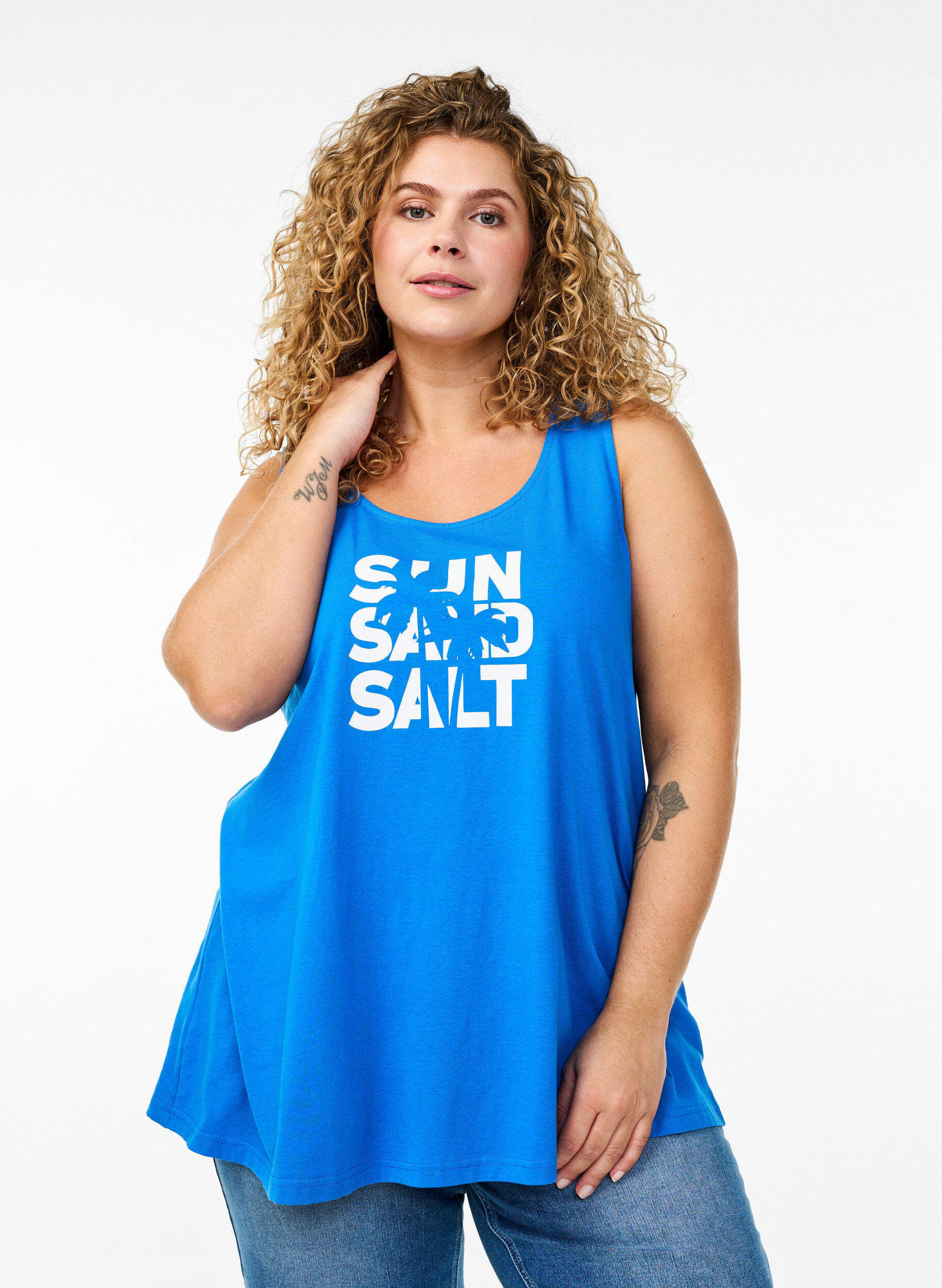 Zizzi Bomullstopp med a-linjeform, Bl&aring;, Model image number 0