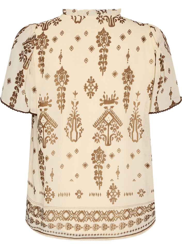 Blus med m&ouml;nster och virkad kant, Beige, Packshot image number 1