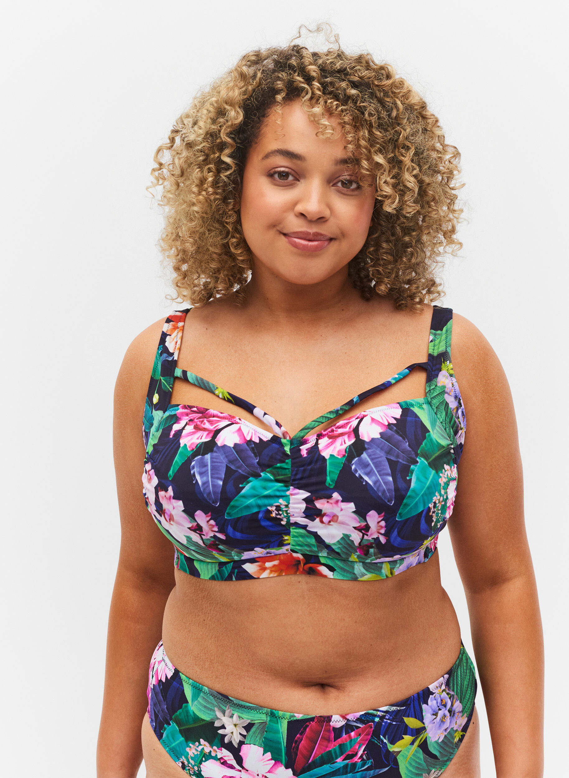 Zizzi Bikini-bh med drapering och band &ouml;ver bysten, Flower Print, Model image number 0
