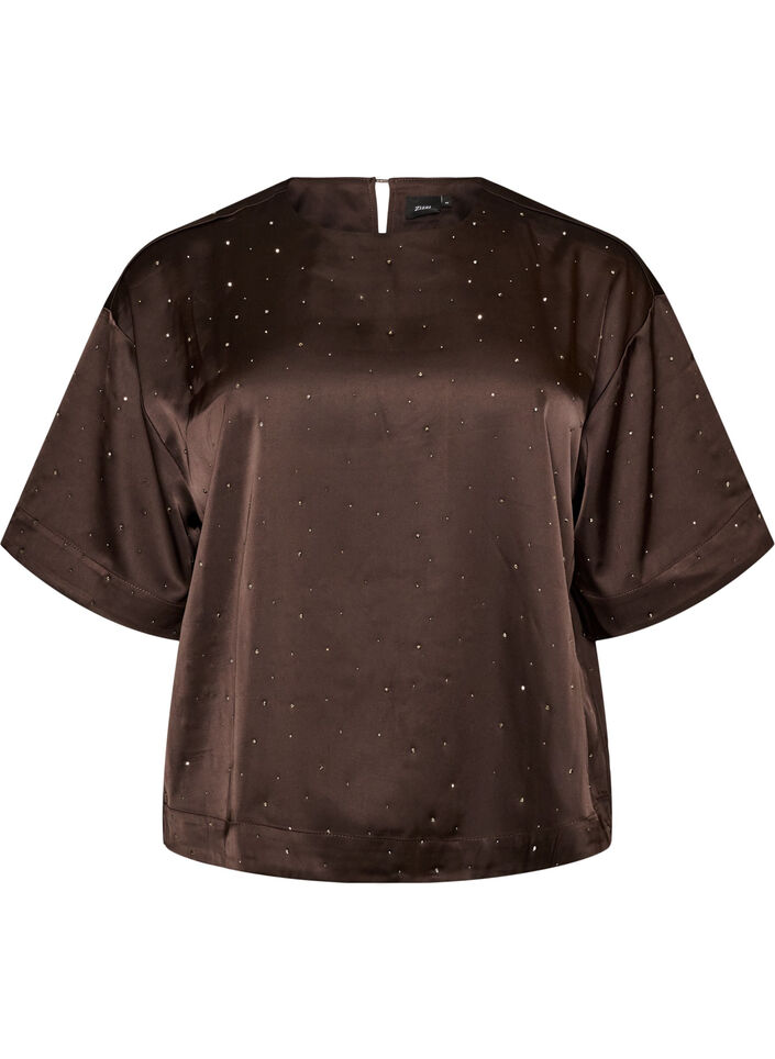 Satinblus med strass och armb&aring;gsl&aring;nga &auml;rmar, Brun, Packshot image number 0