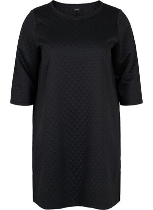 Klänning med struktur och 3/4-ärmar, Black, Packshot image number 0
