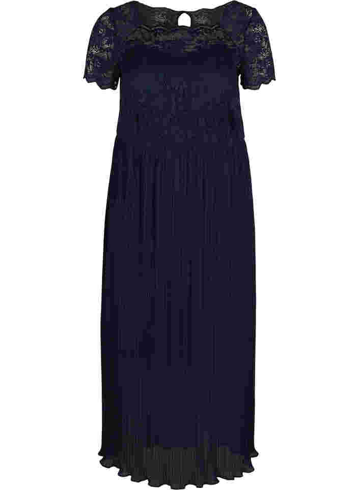 Kortärmad maxiklänning med spets och plisserad kjol, Night Sky