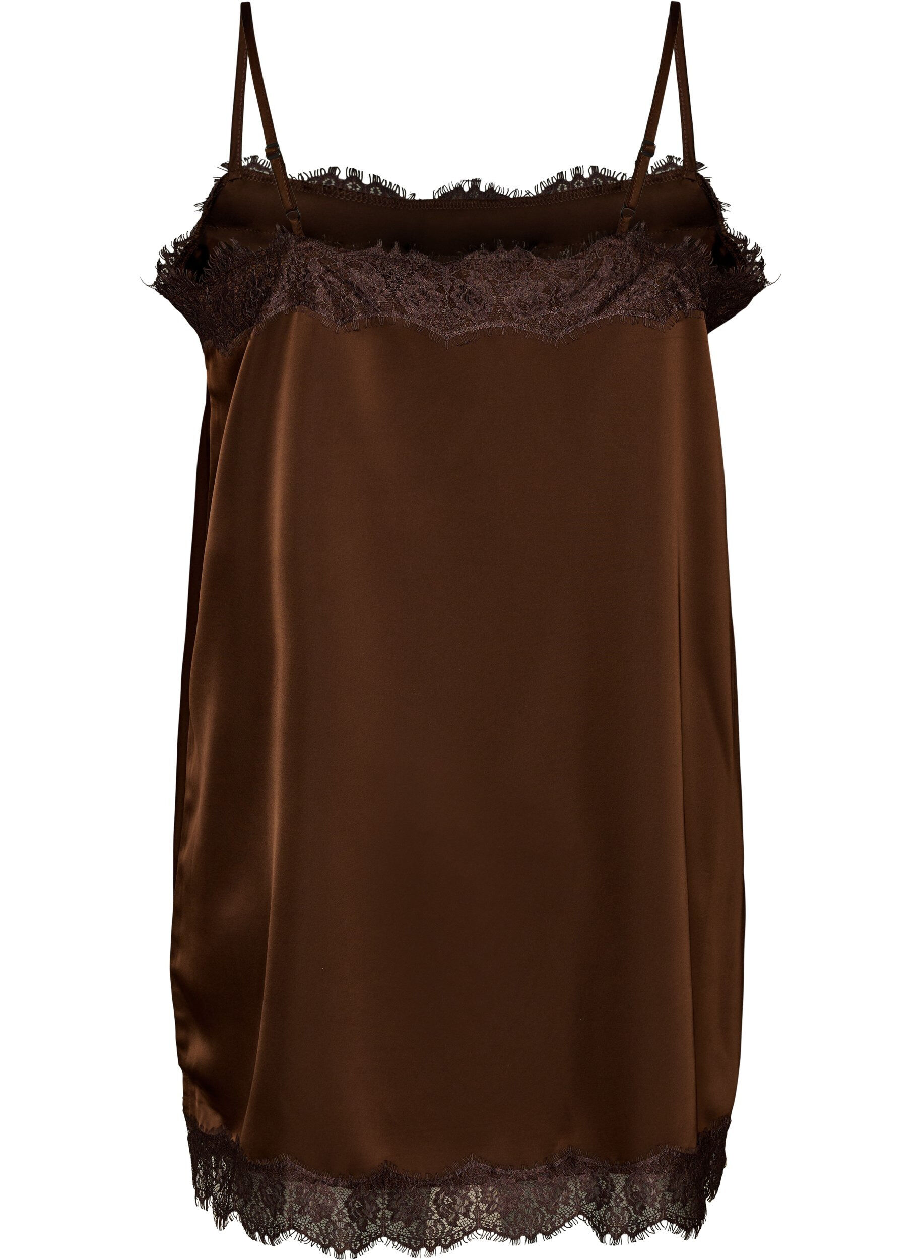 ZizziL&aring;ng topp i satin med spetskanter, Brun, Packshot image number 1