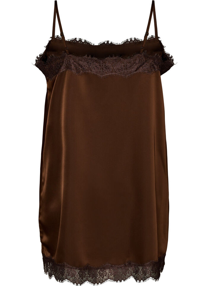 L&aring;ng topp i satin med spetskanter, Brun, Packshot image number 1