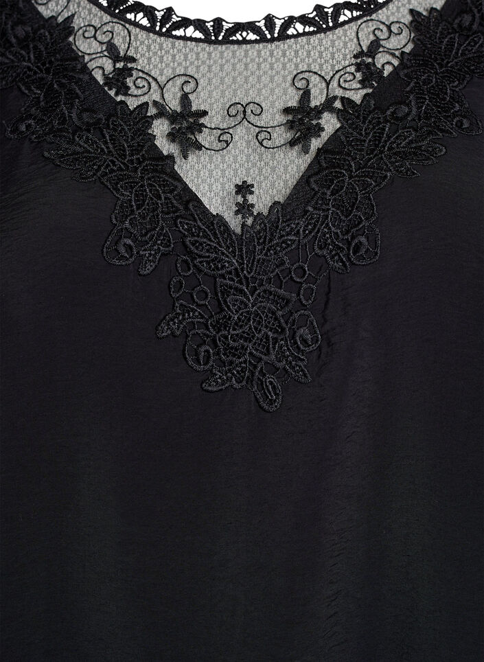 Blus med 3/4-&auml;rm och spetsdetaljer, Svart, Packshot image number 2