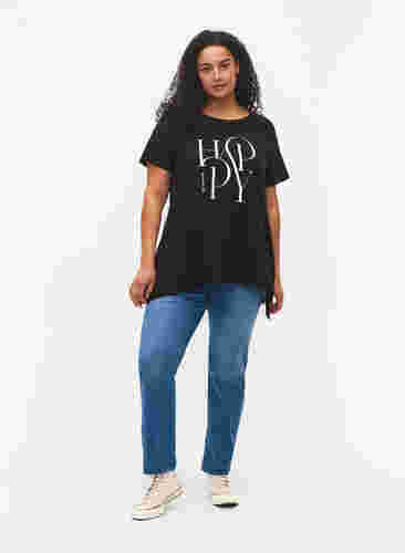 T-shirt i bomull med texttryck, Black HAPPY, Model image number 2