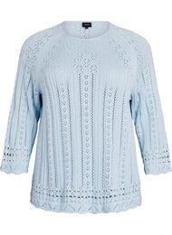 Stickad topp med h&aring;lbroderi och 3/4-&auml;rmar, Bl&aring;