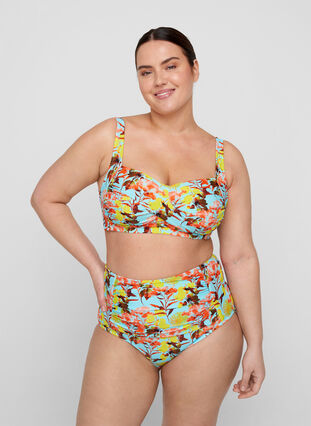 Mönstrad bikinitrosa med extra hög midja, Bright Flower, Model image number 0