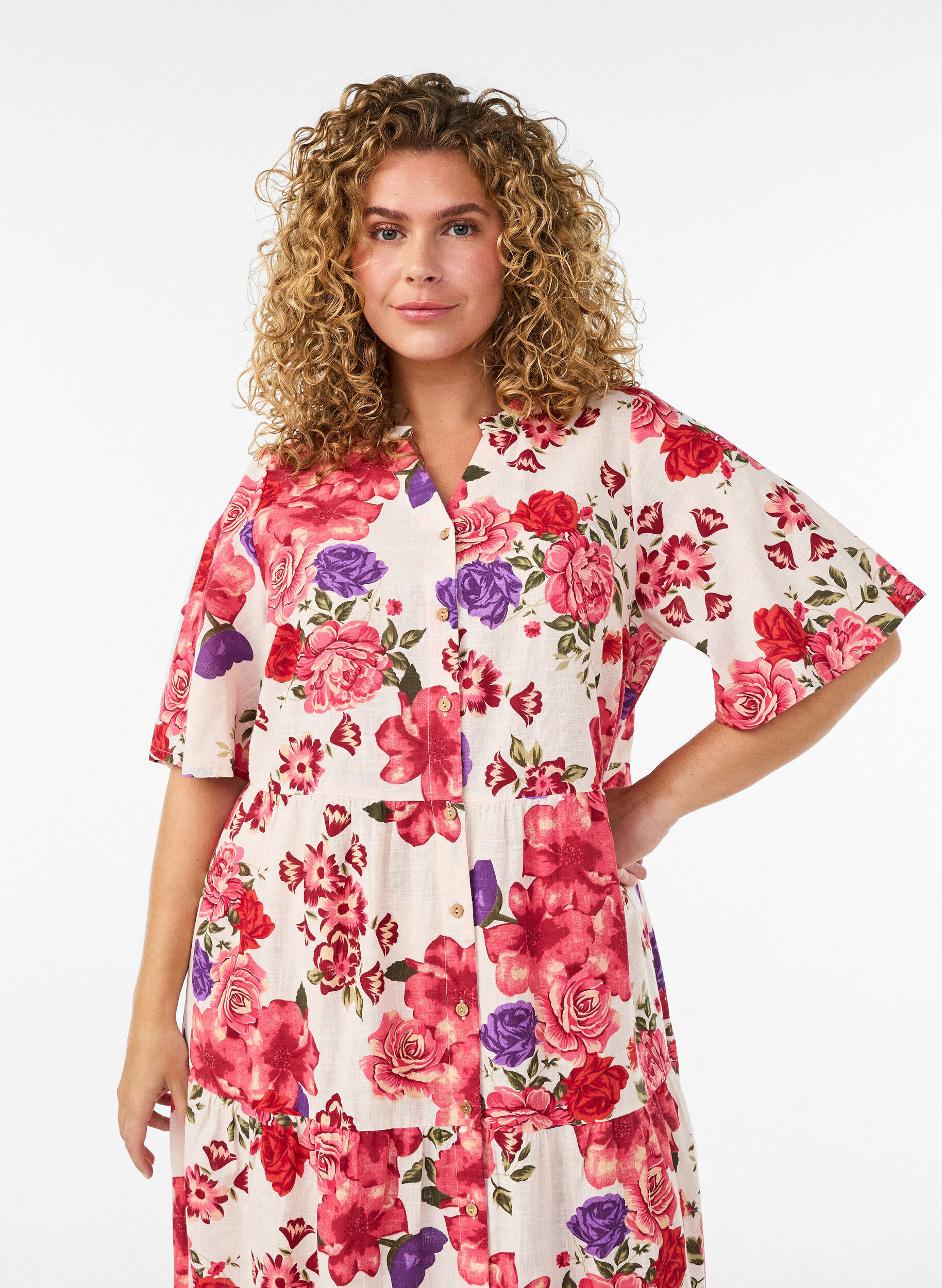 ZizziMidikl&auml;nning i bomull med blommigt m&ouml;nster, R&ouml;d, Model image number 2