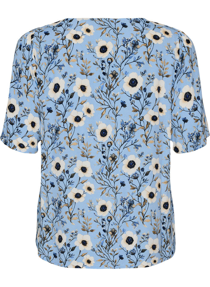Blommig blus med korta &auml;rmar, Bl&aring;, Packshot image number 1