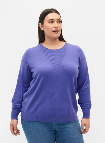Enfärgad stickad tröja med ribbade detaljer, Purple Opulence Mel., Model image number 0