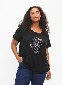 T-shirt i bomull med motiv, Black w. Lion, Model