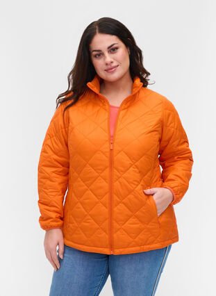 Quiltad lättviktsjacka med dragkedja och fickor, Mandarin Orange, Model image number 0