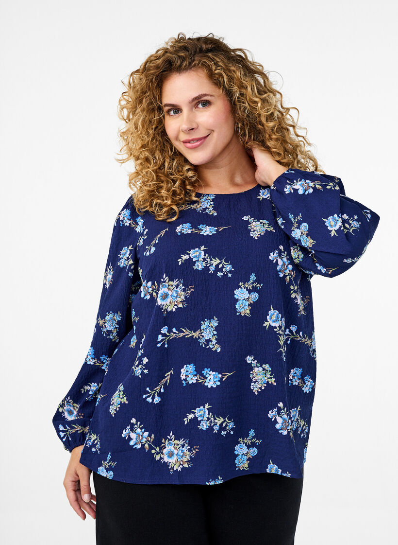 FLASH - Långärmad blus med små blommor, Blue Flower, Model image number 0