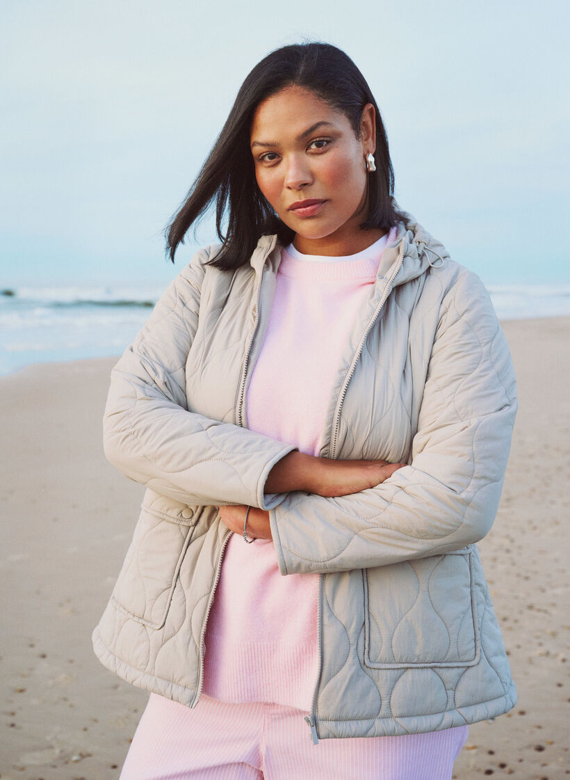 Quiltad jacka med huva och fickor, Beige, Image image number 0