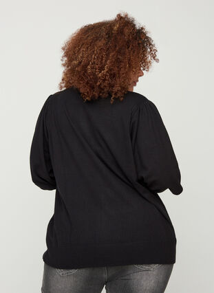 Stickad tröja med rund halsringning och ballongärmar, Black, Model image number 1