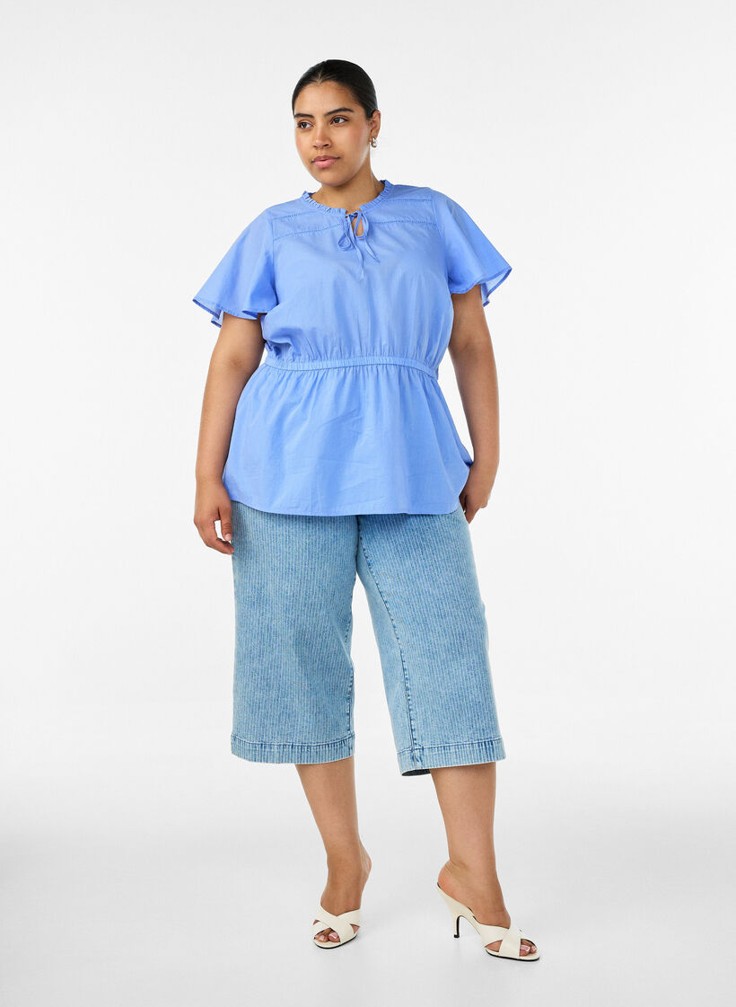 Blus i bomull med knytband och res&aring;r i midjan, Bl&aring;, Model image number 1