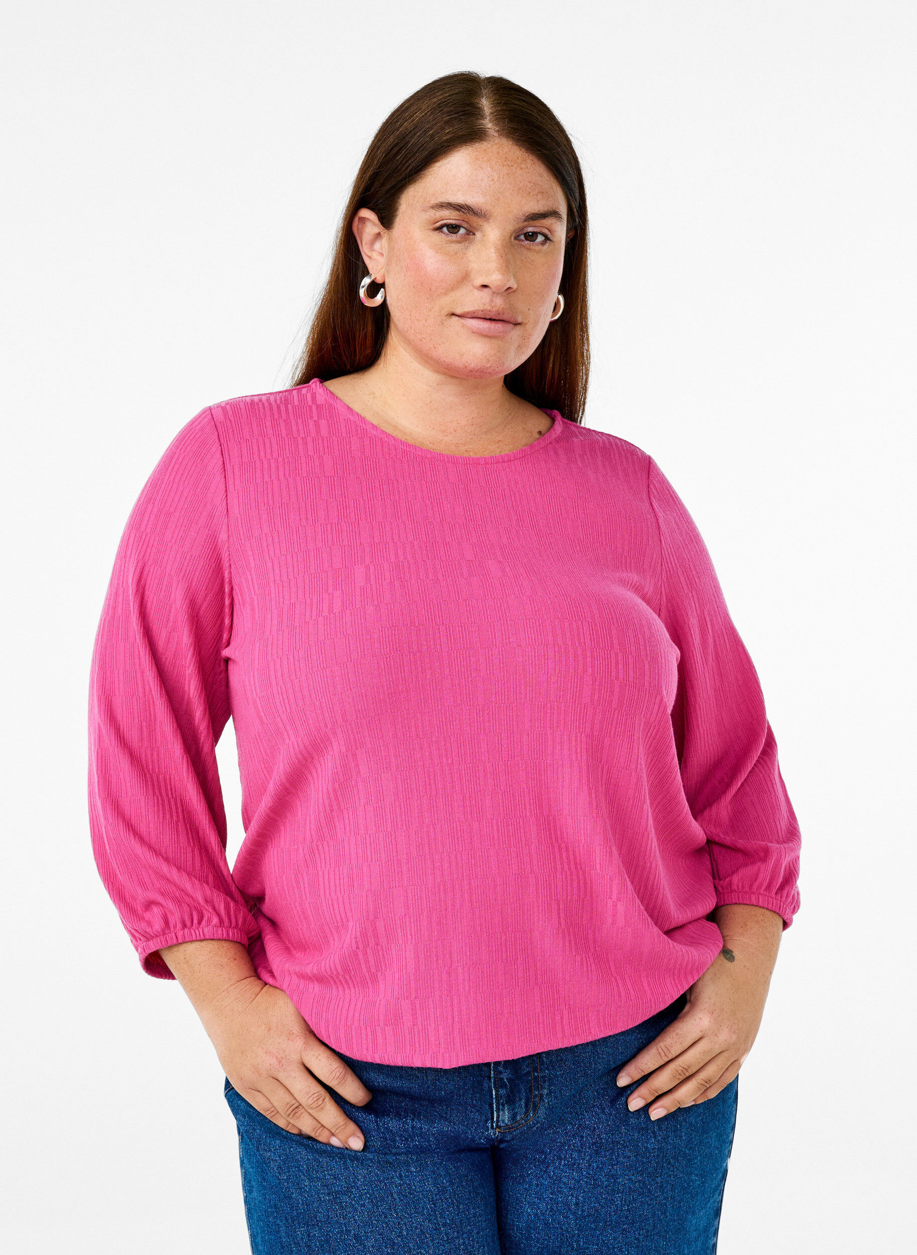 Zizzi Blus med struktur och 3/4-&auml;rmar, Rosa, Model image number 0